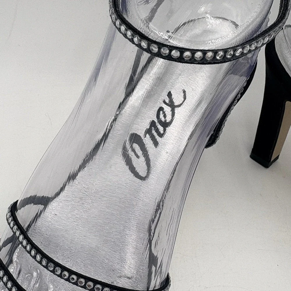 Onex Heels Womens 6.5M Black Rhinestone Strappy Sandals Slingback USA Formal